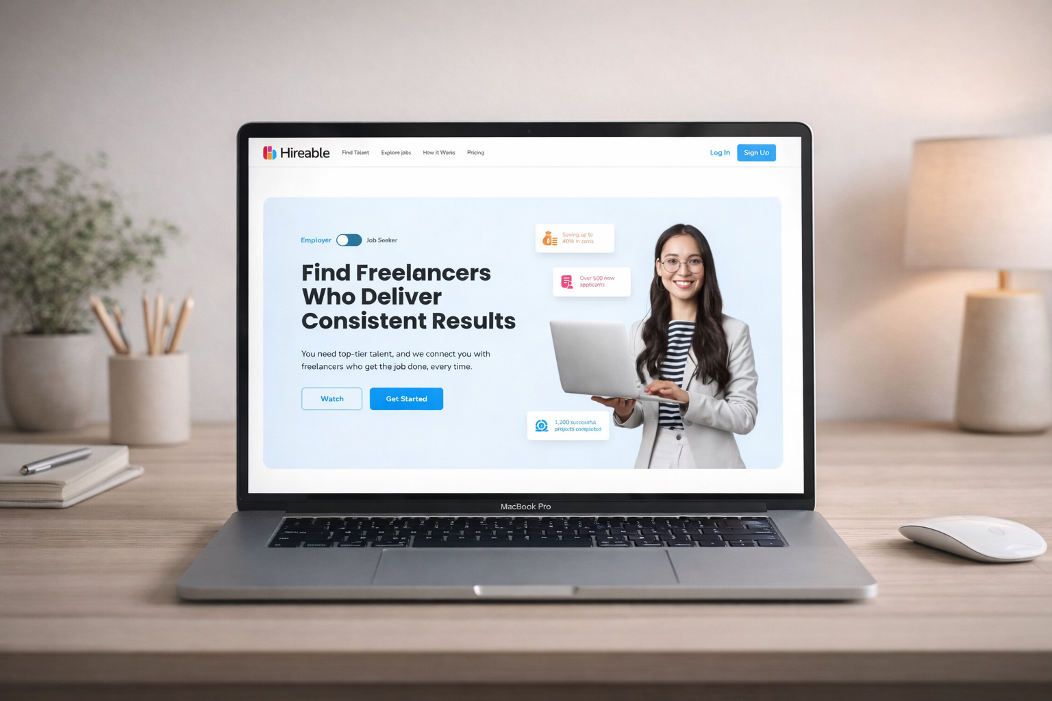 Hireable landing page showcasing a modern interface for connecting job seekers with reputable companies.