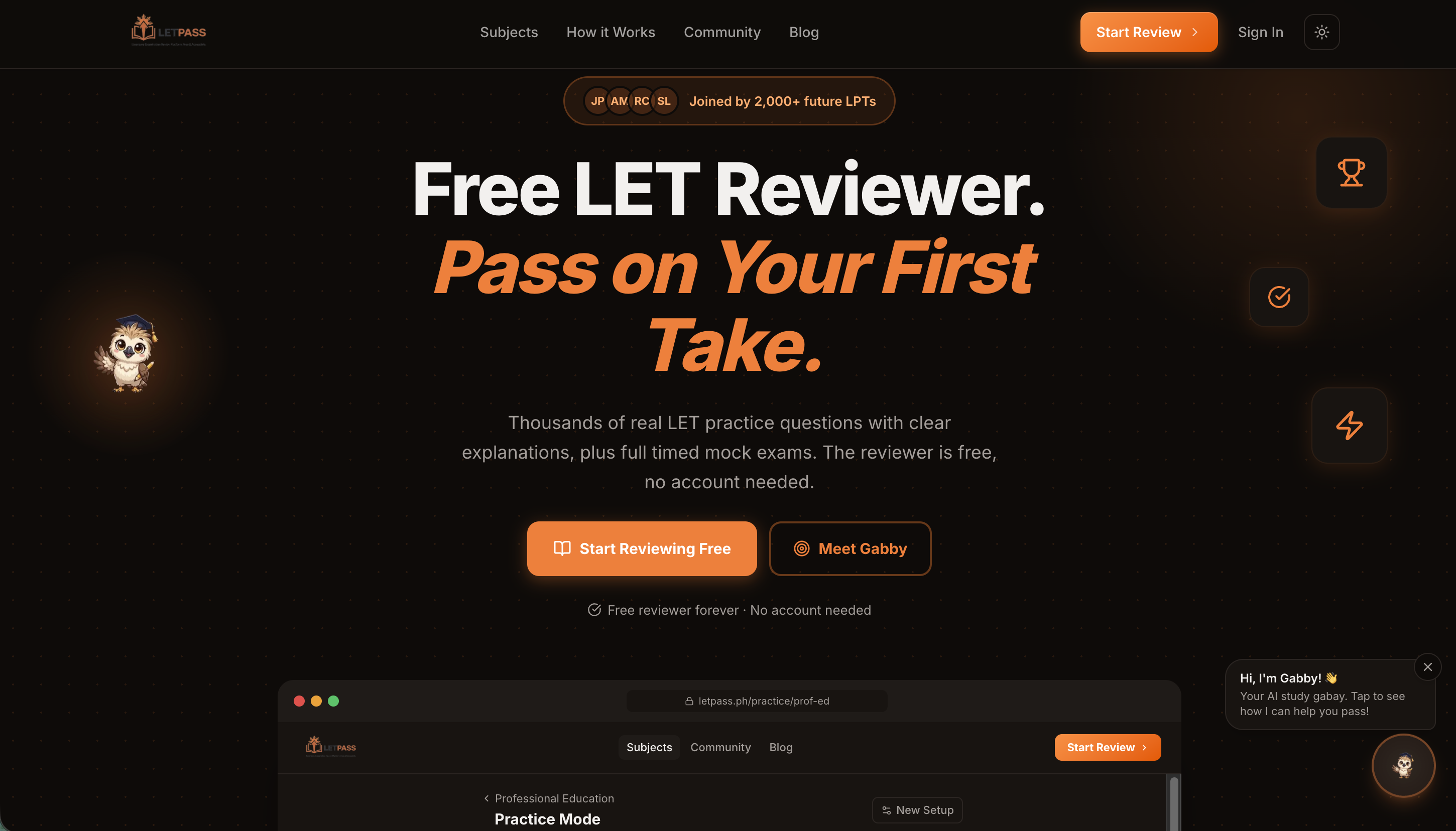 LETPass mock exam dashboard and review platform interface
